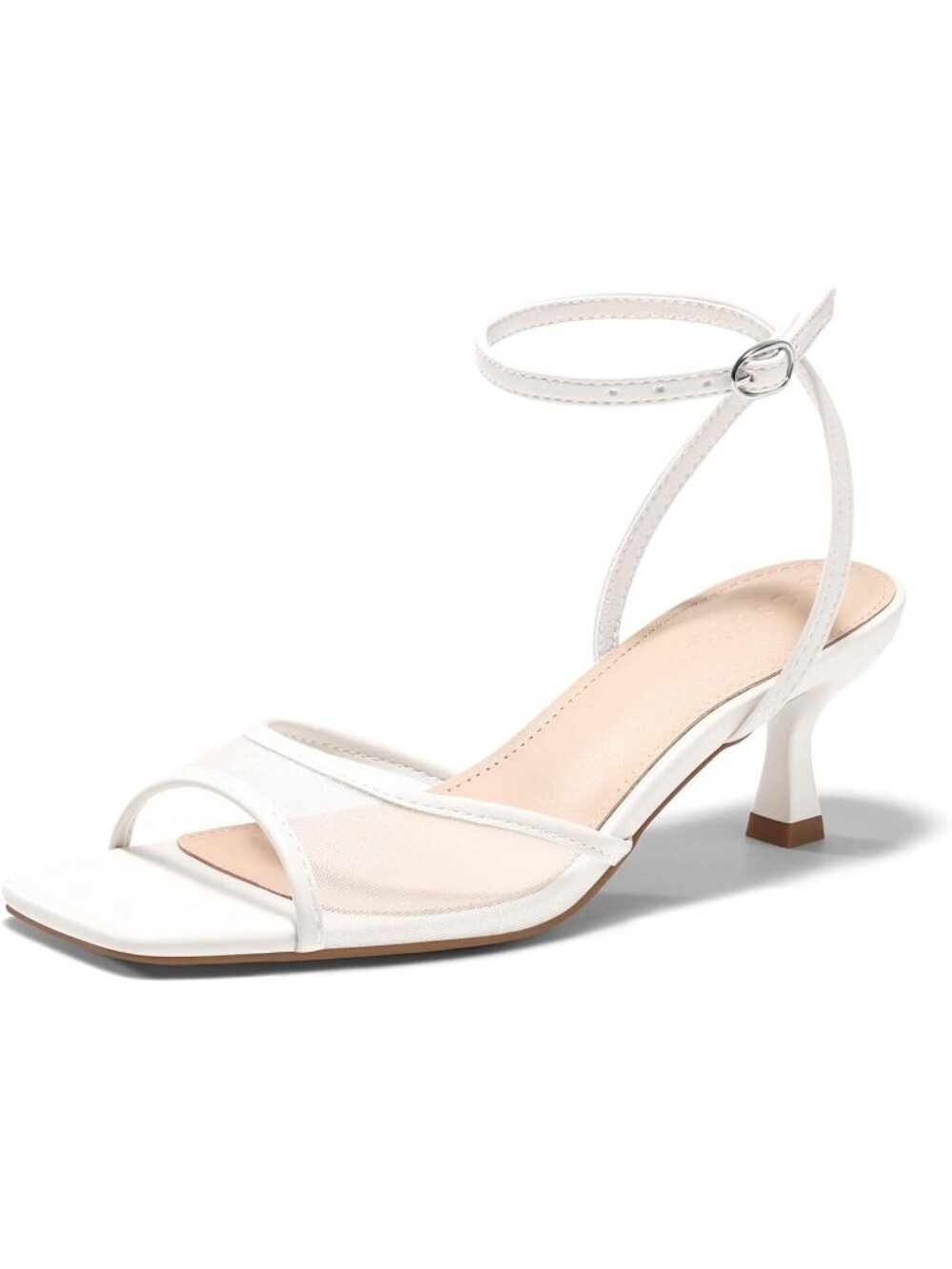 Women's Cream White Kitten Low Heels Sandals Mesh Open Toe Buckle Ankle Strap